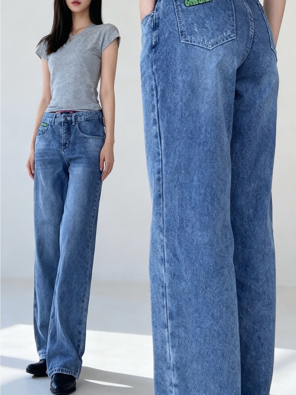 Empyre Relaxed Wide-Leg Blue Jeans with Subtle Green Patch